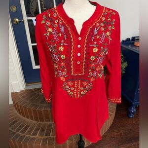 64 Sixty Five Embroidered Bodice Boho Red Tunic size Medium